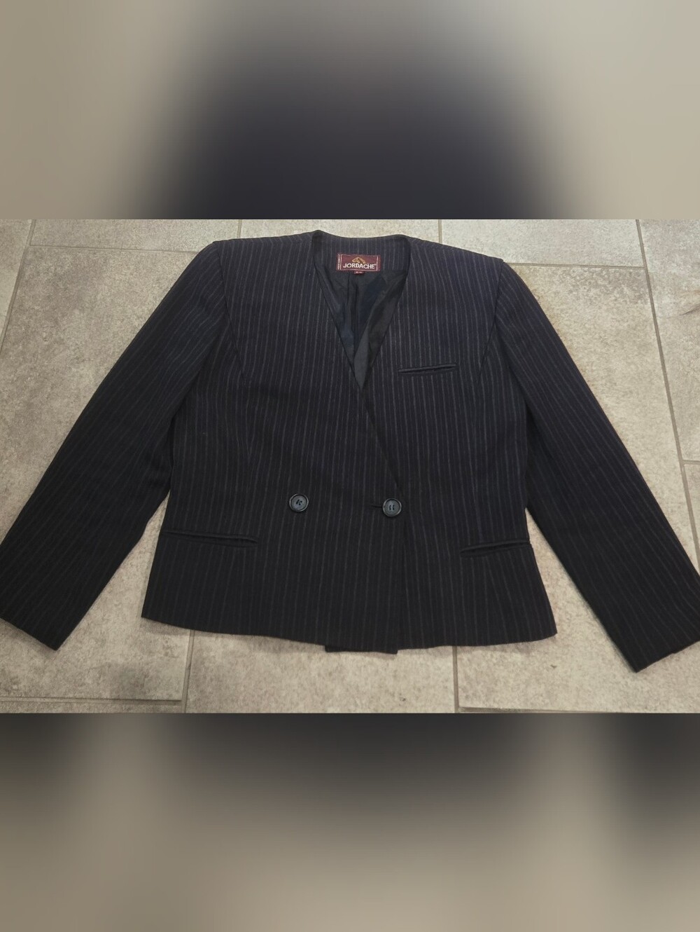 VTG 1980s Jordache Dark Navy Pinstripe Blazer Double Breasted Dark Academia 8/9